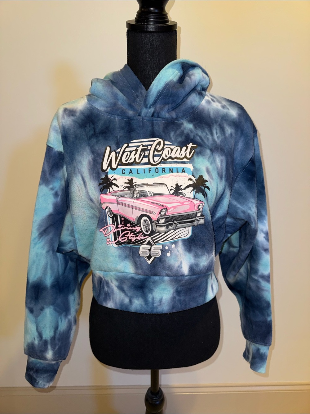 refuge Blue Tie-Dye Cropped Hoodie with Pink Car Graphic
